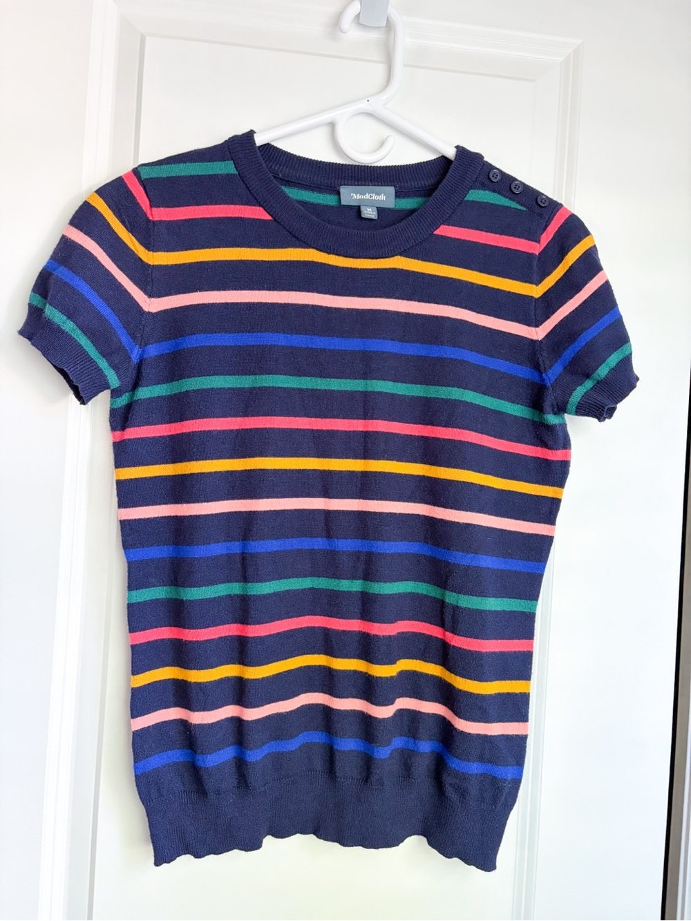 Modcloth Rainbow Stripe Short Sleeve Knit Top with Multicolor Bands